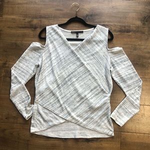 White House Black Market  gray/off white sweater with peekaboo shoulders, medium